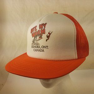 BITE MY WORM Kenora Ont Canada Cap Trucker Hat Snapback Baseball Vintage 80s